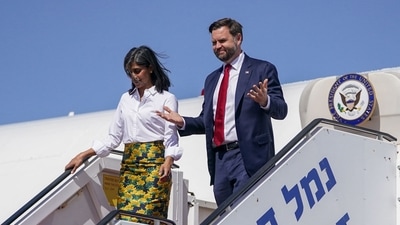 US Vice President JD Vance (R) and Second Lady Usha Vance disembark from their plane upon arriving at Ben Gurion Airport in Tel Aviv on October 21, 2025. (AFP) US Vice President JD Vance (R) and Second Lady Usha Vance disembark from their plane upon arriving at Ben Gurion Airport in Tel Aviv on October 21, 2025. (AFP)