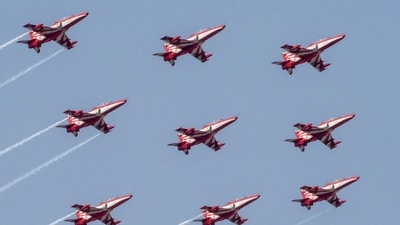 Indian Air Force's (IAF) Surya Kiran Aerobatic Team (SKAT) performs manoeuvres in Gujarat. (PTI) Indian Air Force's (IAF) Surya Kiran Aerobatic Team (SKAT) performs manoeuvres in Gujarat. (PTI)