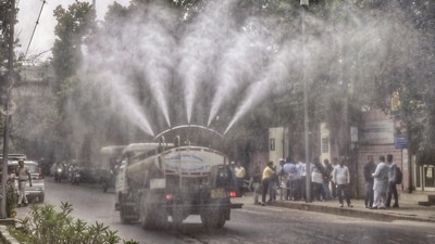 An anti-smog gun sprays water droplets to curb air pollution as air quality deteriorates across northern India, at North Campus, in New Delhi, Friday, Oct. 31, 2025. (PTI) An anti-smog gun sprays water droplets to curb air pollution as air quality deteriorates across northern India, at North Campus, in New Delhi, Friday, Oct. 31, 2025. (PTI)