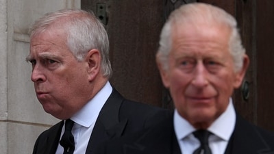 Andrew and Britain's King Charles III leave following a Requiem Mass, a Catholic funeral service, for the late Katharine, Duchess of Kent (AFP) Andrew and Britain's King Charles III leave following a Requiem Mass, a Catholic funeral service, for the late Katharine, Duchess of Kent (AFP)