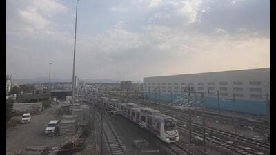 Pune, India - March 3, 2022: Metro rail at Car Depot at Kothrud ahead of inauguration of Pune Metro in Pune, India, on Thursday, March 3, 2022. (Photo by Pratham Gokhale/Hindustan Times) (Pratham Gokhale/HT Photo)