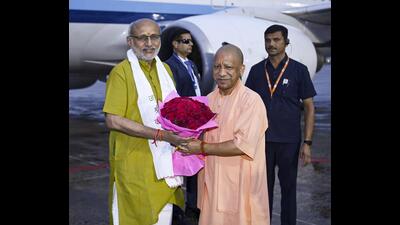 Vice-President CP Radhakrishnan being received by UP chief minister Yogi Adityanath upon his arrival in Varanasi. (@VPIndia/X via PTI Photo) Vice-President CP Radhakrishnan being received by UP chief minister Yogi Adityanath upon his arrival in Varanasi. (@VPIndia/X via PTI Photo)