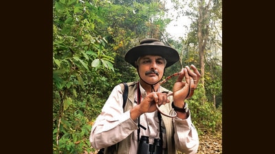 With a black-banded trinket snake in Meghalaya. (Subhamoy Bhattacharjee) With a black-banded trinket snake in Meghalaya. (Subhamoy Bhattacharjee)