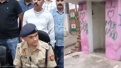 Combination photo of screengrabs of police press conference (L) and video of the alleged graffiti on the temple walls. Combination photo of screengrabs of police press conference (L) and video of the alleged graffiti on the temple walls.