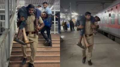 A UP cop’s gesture of lifting a disabled passenger onto a packed train went viral. (Instagram/ashmalikupcop) A UP cop’s gesture of lifting a disabled passenger onto a packed train went viral. (Instagram/ashmalikupcop)