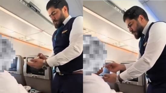 In the short video, the flight attendant is seen gently offering food to the elderly man. (@saudia_aviation/X)