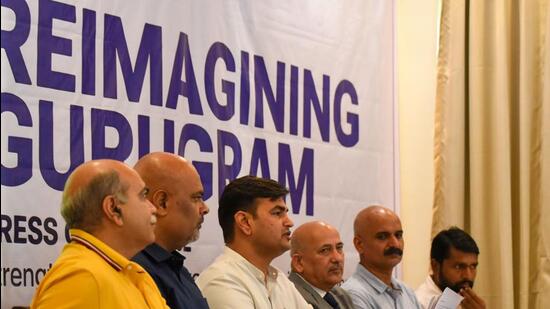 Members of Mission 7374 foundation addressing a press conference in Gurugram on Friday. (PArveen Kumar/HT)
