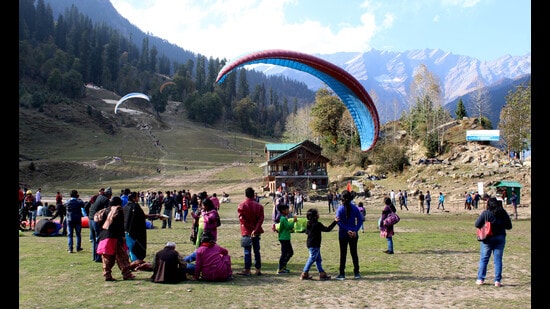 Tourist at Solang Valley in Manali on Friday. (Aqil Khan /HT)