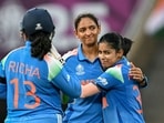 India's Amanjot Kaur (R) celebrates with captain Harmanpreet Kaur India's Amanjot Kaur (R) celebrates with captain Harmanpreet Kaur