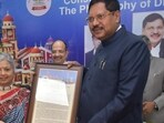 Chief Justice of India BR Gavai being felicitated at the event by vice-chancellor Sangita Srivastava at Allahabad University on Saturday. (HT Photo)