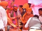 Haryana governor Ashim Kumar Ghosh and chief minister Nayab Singh Saini during the three-day cultural fair organised To mark the 60th Haryana Foundation Day at Panchkula on Saturday. (Sant Arora Hindustan Times)