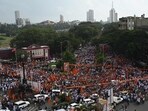 Mumbai, India – 01, Nov 2025: Maha Vikas Aghadi (MVA), and other allies, including MNS chief Raj Thackeray, stage a massive rally in Mumbai. The protest march, led by Uddhav Thackeray, NCP chief Sharad Pawar, and Left party leaders, began at Fashion Street and culminated at Azad Maidan, CST, to protest against the Election Commission's inaction on electoral roll registration fraud, in Mumbai, India, on Saturday, Nov 01, 2025. (Photo by Bhushan Koyande/HT Photo)