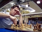 Norwegian Grandmaster and World No. 1 player Magnus Carlsen during the second tie-breaker match of the Chess World Cup 2023 final against Indian Grandmaster R Praggnanandhaa, in Baku.(PTI)