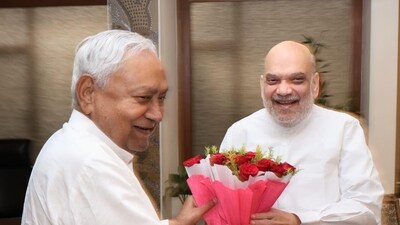 Bihar Chief Minister Nitish Kumar meeting with Union Home Minister Amit Shah at Hotel Maurya in Patna, Bihar, India, Thursday,18, 2025.(Photo by Santosh Kumar/ Hindustan Times) (Santosh Kumar/HT Photo)