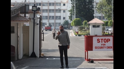 A security official stands guard outside the civil secretariat ahead of the Darbar Move in Jammu on Saturday. (PTI) A security official stands guard outside the civil secretariat ahead of the Darbar Move in Jammu on Saturday. (PTI)