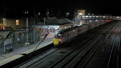 The Huntingdon, England, train station in Cambridgeshire is seen after people were stabbed on a train. (AP) The Huntingdon, England, train station in Cambridgeshire is seen after people were stabbed on a train. (AP)