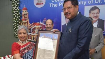 Chief Justice of India BR Gavai being felicitated at the event by vice-chancellor Sangita Srivastava at Allahabad University on Saturday. (HT Photo) Chief Justice of India BR Gavai being felicitated at the event by vice-chancellor Sangita Srivastava at Allahabad University on Saturday. (HT Photo)