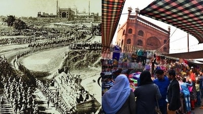 The Coronation Durbar; the picture was taken on the day of the coronation. Seen here is the royal procession, heading towards the Jama Masjid. Left: A recent picture of the vicinity of the mosque. (Photos: Delhi Archives and Raj K Raj/HT)