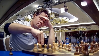 Norwegian Grandmaster and World No. 1 player Magnus Carlsen during the second tie-breaker match of the Chess World Cup 2023 final against Indian Grandmaster R Praggnanandhaa, in Baku. (PTI)