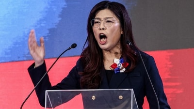 Newly elected opposition Kuomintang (KMT) leader Cheng Li-wun delivers her speech during the Kuomintang (KMT) 12th National Congress in Taipei on November 1, 2025. (AFP)