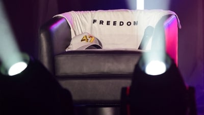 A hat with the number 47 lies on a chair on the stage of a Turning Point USA event where U.S. Vice President JD Vance is expected, at the Pavilion at Ole Miss at the University of Mississippi, in Oxford, Mississippi, U.S. October 29, 2025. REUTERS/Jonathan Ernst/Pool (REUTERS)