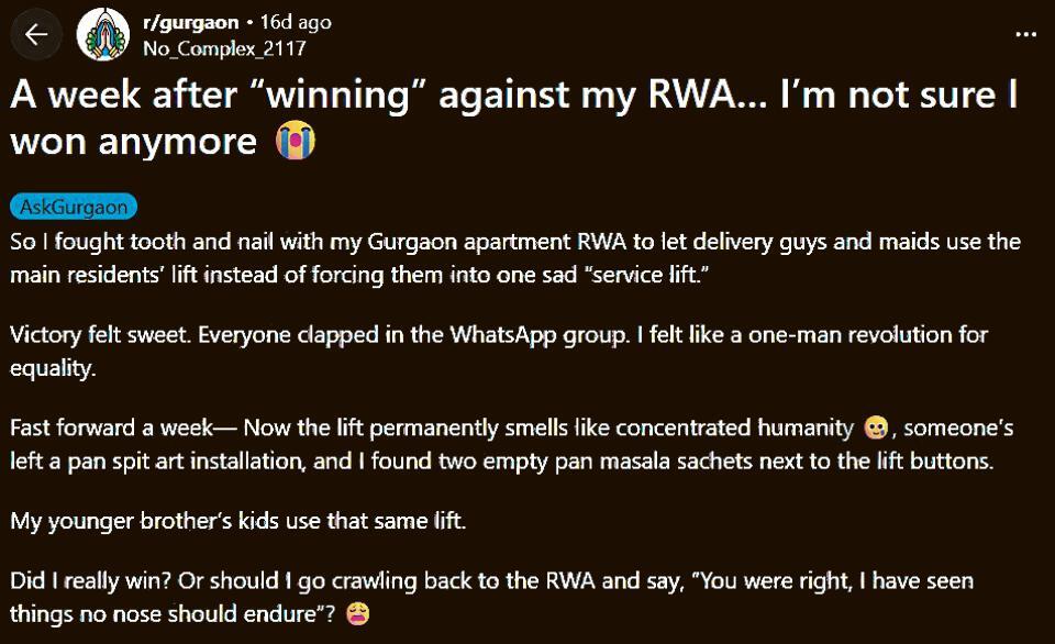 A Reddit user's post about 'service lift only' rule for gig workers went viral recently, spotlighting the issue again A Reddit user's post about 'service lift only' rule for gig workers went viral recently, spotlighting the issue again