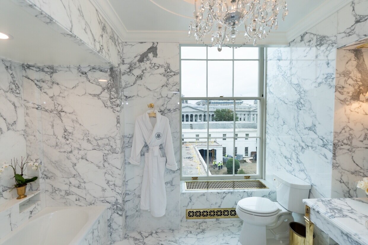 Trump shared the photos on his Truth Social account unveiling the grand renovation of the Lincoln Bathroom. (Truth Social) Trump shared the photos on his Truth Social account unveiling the grand renovation of the Lincoln Bathroom. (Truth Social)