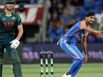 India pacer Arshdeep Singh appeals as Australia's Marcus Stoinis looks on in the third T20I at the Bellerive Oval in Hobart on Sunday. (AFP)