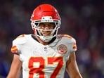 Kansas City Chiefs tight end Travis Kelce grimaces after taking a hit in the end zone Kansas City Chiefs tight end Travis Kelce grimaces after taking a hit in the end zone