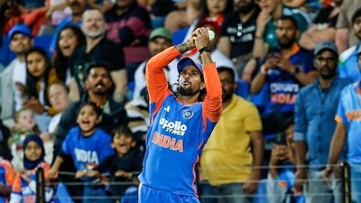 Tilak Varma took a really good catch at the boundary edge to remove David on 74, with the batter looking in devastating form. (@BCCI X) Tilak Varma took a really good catch at the boundary edge to remove David on 74, with the batter looking in devastating form. (@BCCI X)