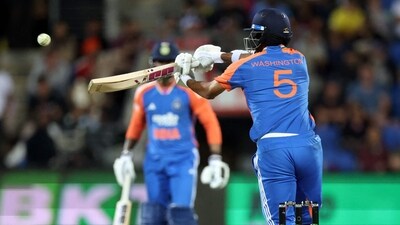 Washington Sundar hit four towering sixes in his late cameo, falling just short of the half-century. Having come in for Kuldeep Yadav, staking his claim as a viable T20 finishing option. (AFP) Washington Sundar hit four towering sixes in his late cameo, falling just short of the half-century. Having come in for Kuldeep Yadav, staking his claim as a viable T20 finishing option. (AFP)