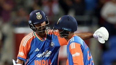 Washington Sundar and Jitesh Sharma finished on 49* and 22* respectively, combining for the partnership which guided the team home in the end. (AFP) Washington Sundar and Jitesh Sharma finished on 49* and 22* respectively, combining for the partnership which guided the team home in the end. (AFP)