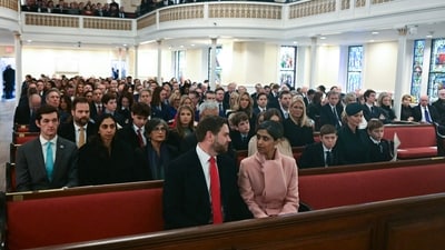 US Vice President-elect JD Vance and Usha Vance attend a church service at St. John's Episcopal Church, Lafayette Square in Washington, DC, January 20, 2025. (AFP) US Vice President-elect JD Vance and Usha Vance attend a church service at St. John's Episcopal Church, Lafayette Square in Washington, DC, January 20, 2025. (AFP)