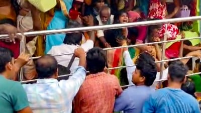 People gather at Venkateswara temple, at Kasibugga in Srikakulam district, Andhra Pradesh, Saturday, Nov. 1, 2025. (PTI) People gather at Venkateswara temple, at Kasibugga in Srikakulam district, Andhra Pradesh, Saturday, Nov. 1, 2025. (PTI)