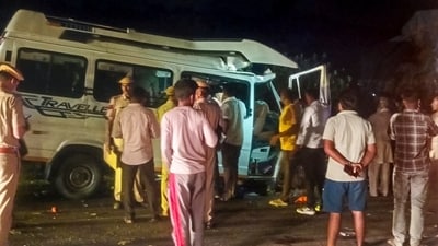 A Force Traveller minibus rammed into a trailer truck near Matoda village on the Bharat Mala Highway. (PTI ) A Force Traveller minibus rammed into a trailer truck near Matoda village on the Bharat Mala Highway. (PTI )