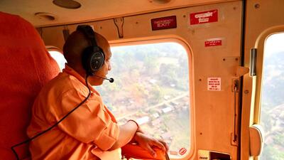 Uttar Pradesh chief minister Yogi Adityanath conducting an aerial survey of Bharthapur village in Bahraich district. (HT PHOTO) Uttar Pradesh chief minister Yogi Adityanath conducting an aerial survey of Bharthapur village in Bahraich district. (HT PHOTO)