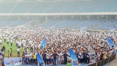The marathon, organised by the Indian Air Force, was flagged off from the Jawaharlal Nehru Stadium on Sunday. (ANI) The marathon, organised by the Indian Air Force, was flagged off from the Jawaharlal Nehru Stadium on Sunday. (ANI)
