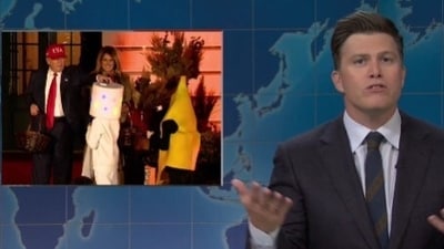 Colin Jost of SNL faced backlash for ridiculing Trump’s Halloween event, particularly his chocolate bar prank. (SNL) Colin Jost of SNL faced backlash for ridiculing Trump’s Halloween event, particularly his chocolate bar prank. (SNL)