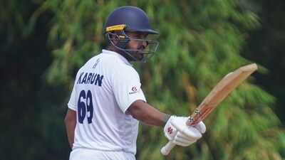 Karun Nair after scoring double Hundred against Kerala. (@lal__kal/x.com)