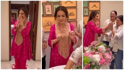 Nita Ambani celebrates her 62nd birthday with her team in Jamnagar. Nita Ambani celebrates her 62nd birthday with her team in Jamnagar.