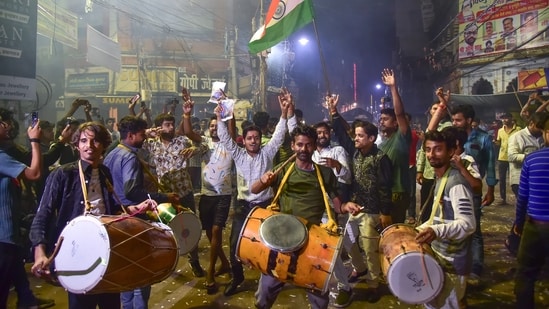 Fans in Uttar Pradesh's Prayagraj celebrate after the Indian cricket team won the ICC Women's World Cup 2025,&nbsp;(PTI)