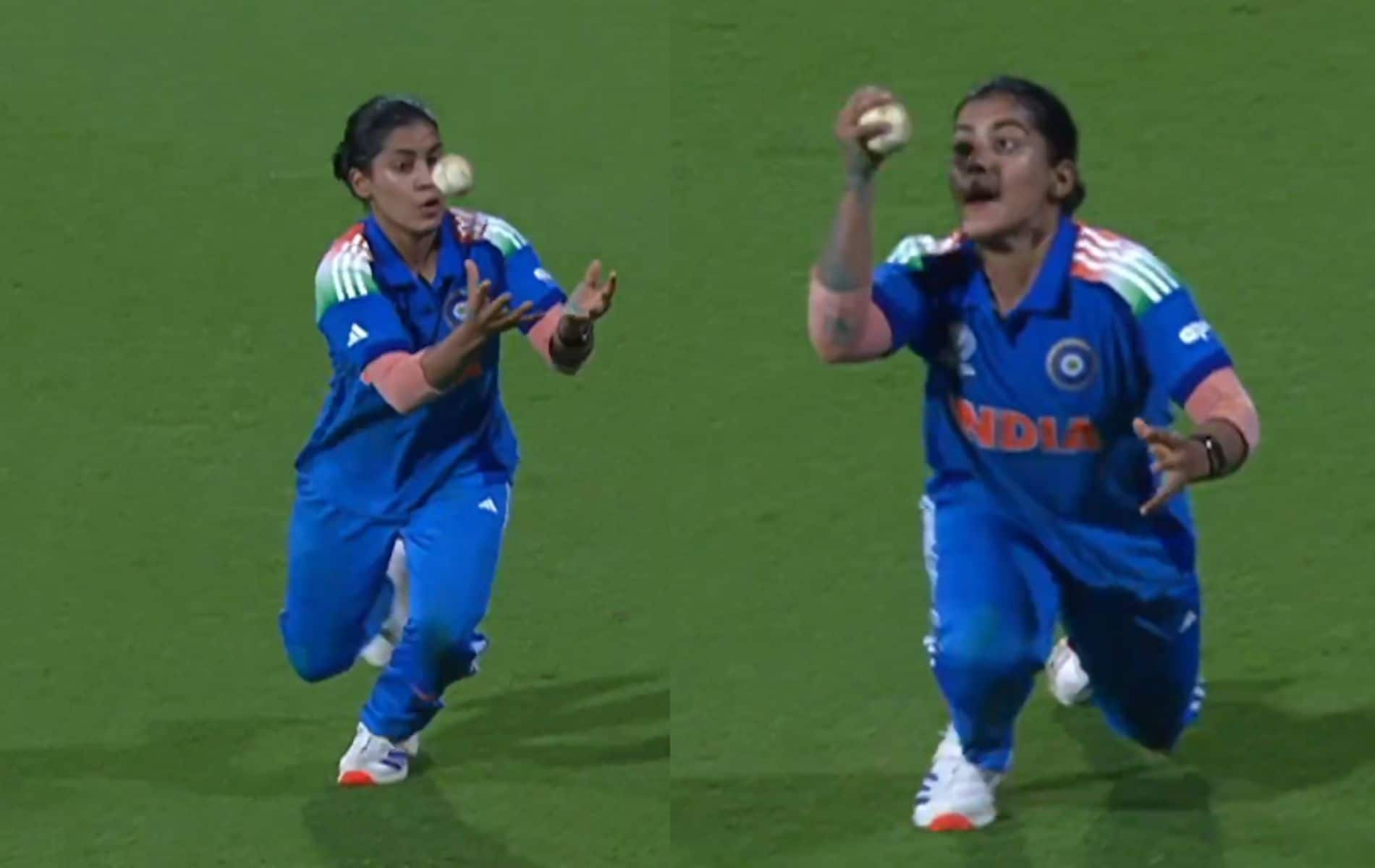 Amanjot Kaur juggled the catch of Laura Wolvaardt before finally taking it. (Screen grab from @StarSportsTel/x.com) Amanjot Kaur juggled the catch of Laura Wolvaardt before finally taking it. (Screen grab from @StarSportsTel/x.com)