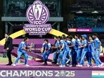India Women's team celebrates with the trophy after winning the ICC Women's World Cup 2025 final against South Africa.(ANI)