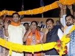 Delhi Chief Minister Rekha Gupta along with BJP MP Ravi Kisan and Bankipur Assembly constituency candidate Nitin Navin during campaigning in Patna, Bihar, Monday. (PTI) Delhi Chief Minister Rekha Gupta along with BJP MP Ravi Kisan and Bankipur Assembly constituency candidate Nitin Navin during campaigning in Patna, Bihar, Monday. (PTI)