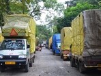 Kalyan, India - October 29 2025: The business community and the transport operators have been demanding to build a truck terminal in Ulhasnagar. Due to no truck terminal heavy vehicles enter the city and cause severe traffic jams and inconvenience to the citizens. October 29 .Pic on Wednesday in India on 29 2025 - ( Photo By Pramod Tambe).