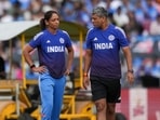 Captain Harmanpreet Kaur, left, and coach Amol Muzumdar before the ICC Women's World Cup final ODI cricket match between India and South Africa 