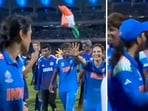 Smriti Mandhana is swept up by her teammates during post-match celebrations by her teammates. Smriti Mandhana is swept up by her teammates during post-match celebrations by her teammates.
