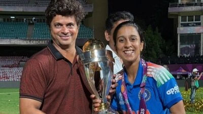 Jemimah Rodrigues with coach Prashant Shetty after India’s triumph in the Women’s World Cup final. Jemimah Rodrigues with coach Prashant Shetty after India’s triumph in the Women’s World Cup final.