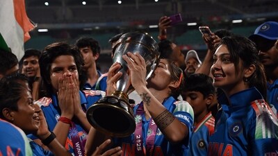 Indian players celebrate their win over South Africa in the ICC Women's Cricket World Cup final match at DY Patil in Navi Mumbai. Mumbai (Raju Shinde) Indian players celebrate their win over South Africa in the ICC Women's Cricket World Cup final match at DY Patil in Navi Mumbai. Mumbai (Raju Shinde)