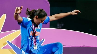 Harmanpreet Kaur dances her way to collect the ICC Women’s World Cup 2025 trophy after India’s 52-run win over South Africa in the final. (Surjeet Yadav) Harmanpreet Kaur dances her way to collect the ICC Women’s World Cup 2025 trophy after India’s 52-run win over South Africa in the final. (Surjeet Yadav)